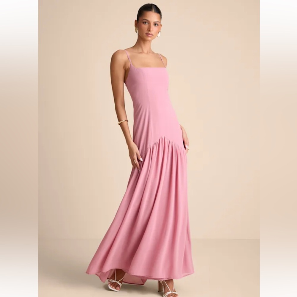 Lulus Auria Light Pink Chiffon Drop Waist Maxi Dress - Size L